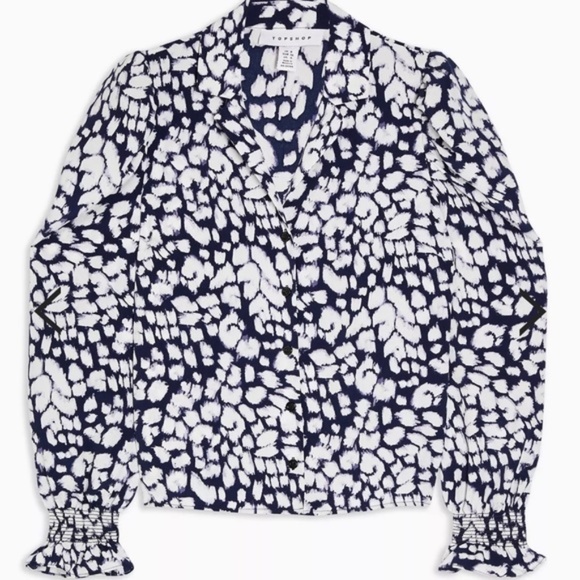 TOPSHOP Abstract Animal Print Puff Sleeve Shirt, Color Navy Multi, Size 10 - Picture 1 of 5